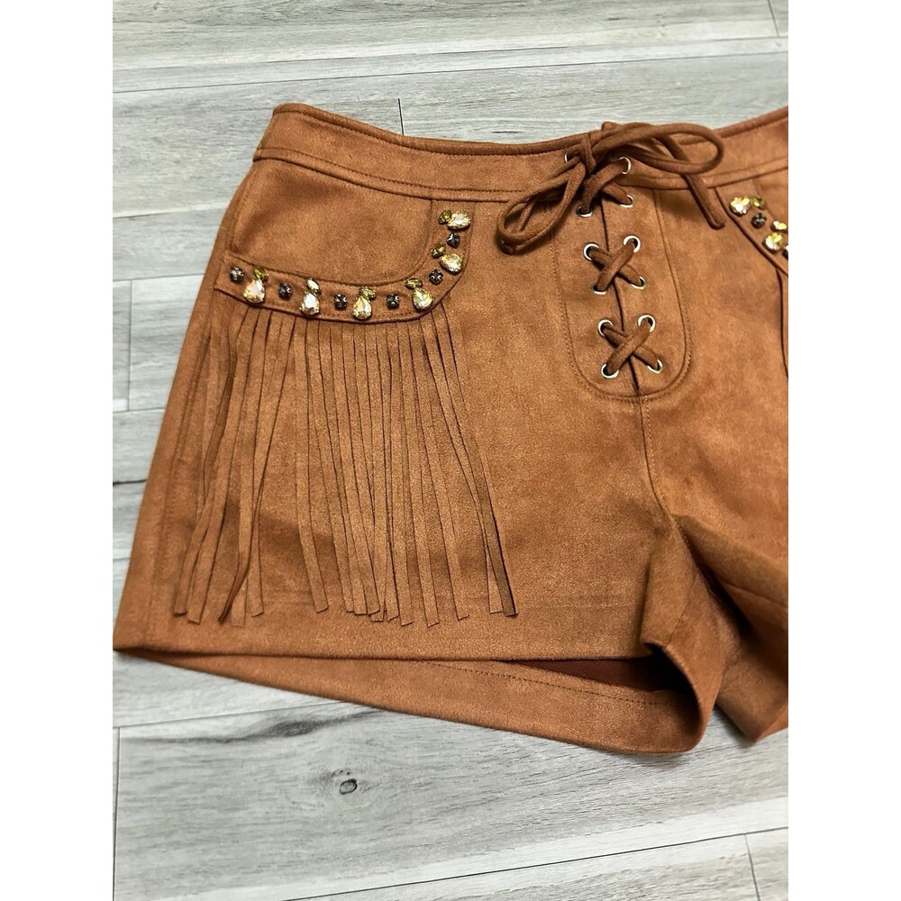 Steve Madden Brown Fringe Suede-Look Lace-Up Shorts S - Picture 5 of 11